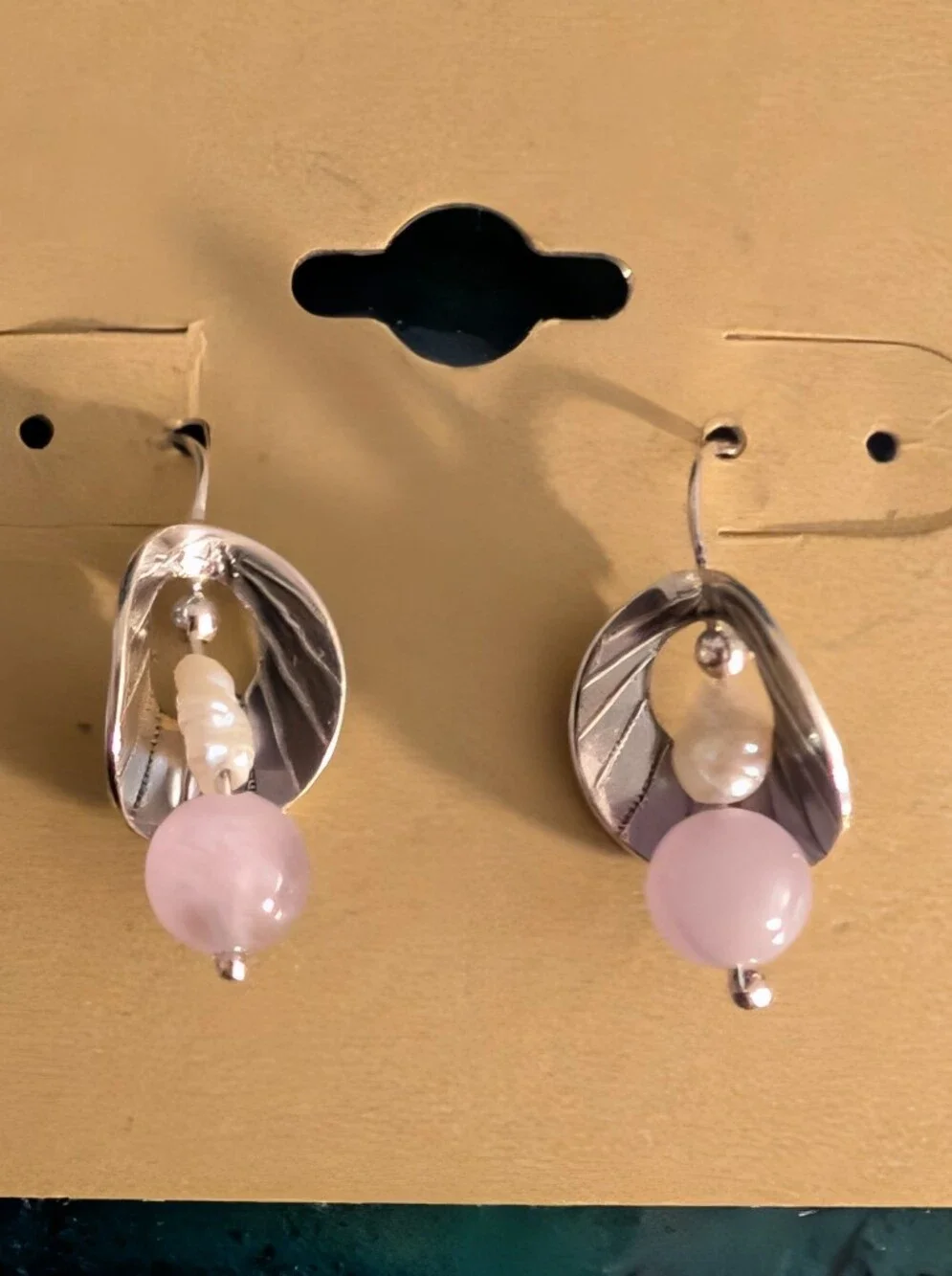 Sterling Silver Leaf Drop Earrings with Rose Quartz And Freshwater Pearl